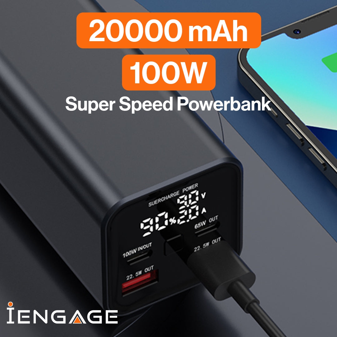 iEngage 20000 mAh Portable Fast Charging Power bank with Led Display- Pd100W