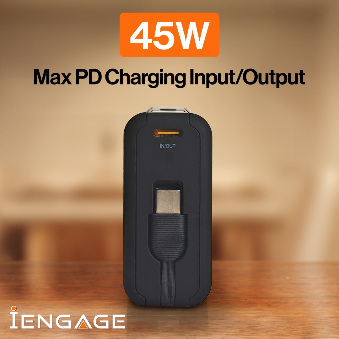 iEngage 10000mAh Powerbank Compact 15W Wireless Charging 45W Fast Charging With Built-In Cable
