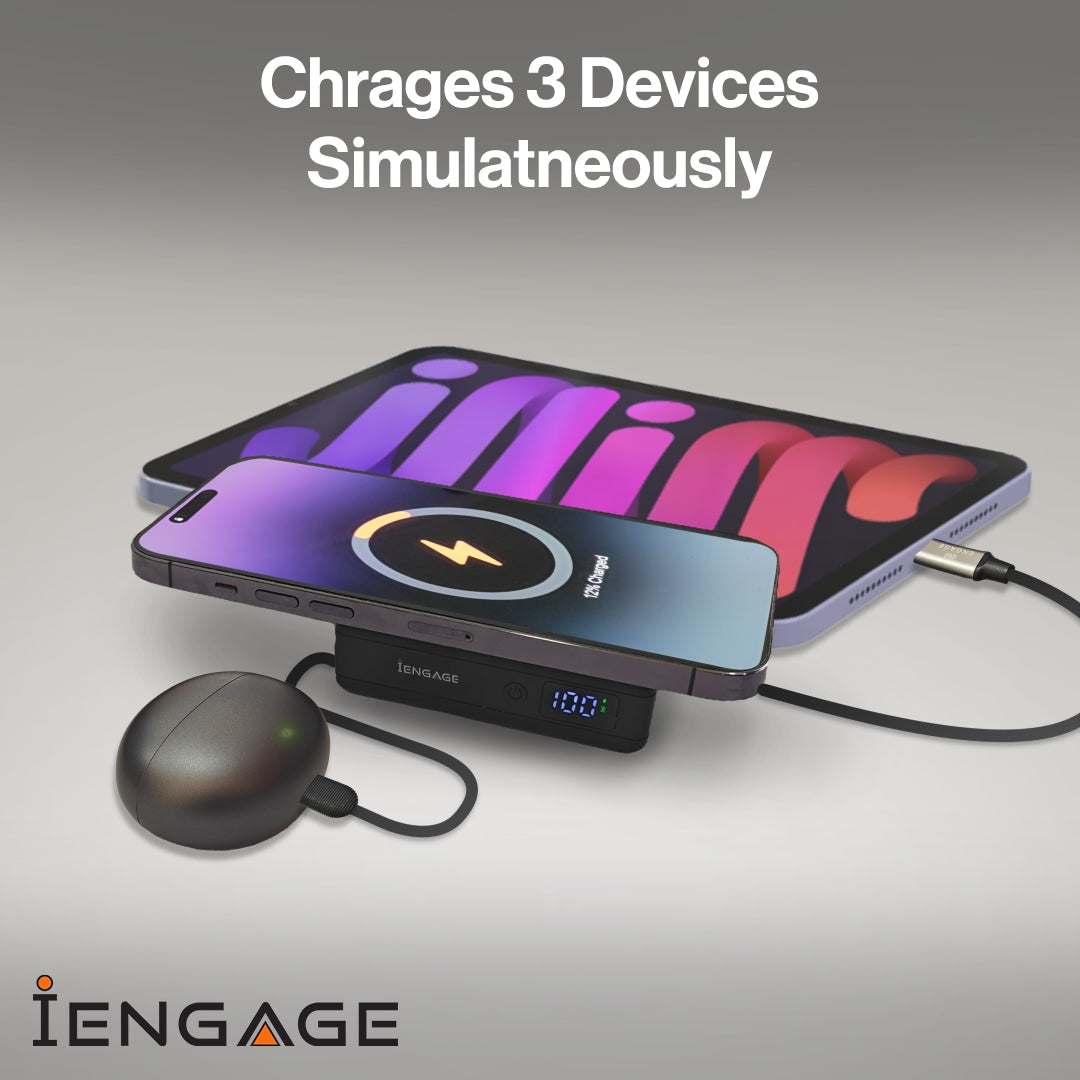 iEngage 10000mAh Powerbank Compact 15W Wireless Charging 45W Fast Charging With Built-In Cable