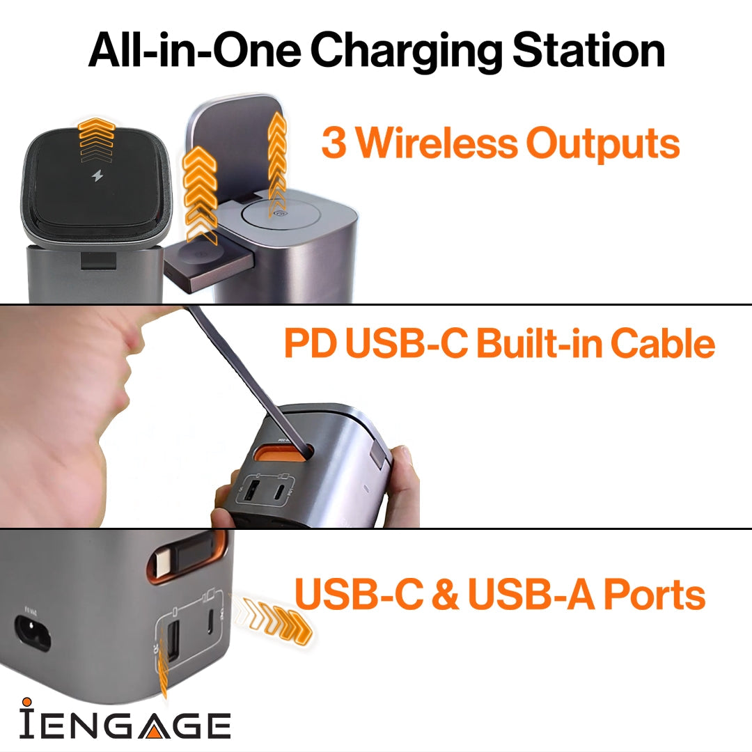 iEngage 6-In-1 Desktop Wireless Charger W/ USB Ports And Retractable cable(80W)