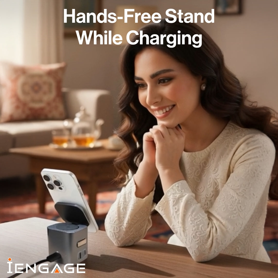 iEngage 6-In-1 Desktop Wireless Charger W/ Usb Ports And Retractalbecable(80W)