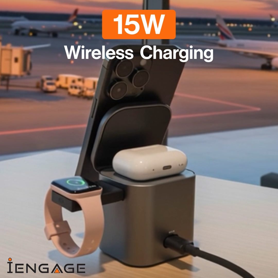 iEngage 6-In-1 Desktop Wireless Charger W/ USB Ports And Retractable cable(80W)