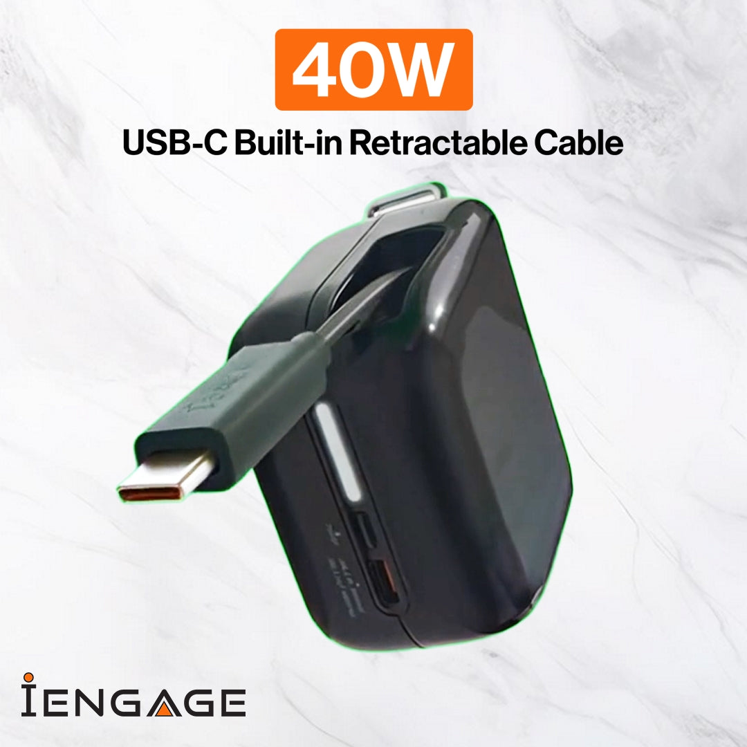 iEngage 10000mAh Powerbank Portable 35W Fast Charging With Retractable Cable (White)