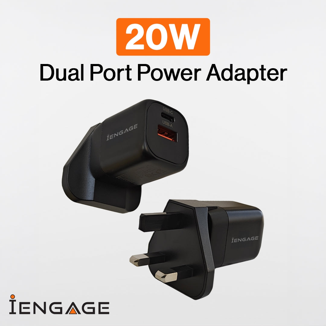 iEngage Dual Port C+A 20W Power Adapter With Interchangeable Eu/Uk Plug