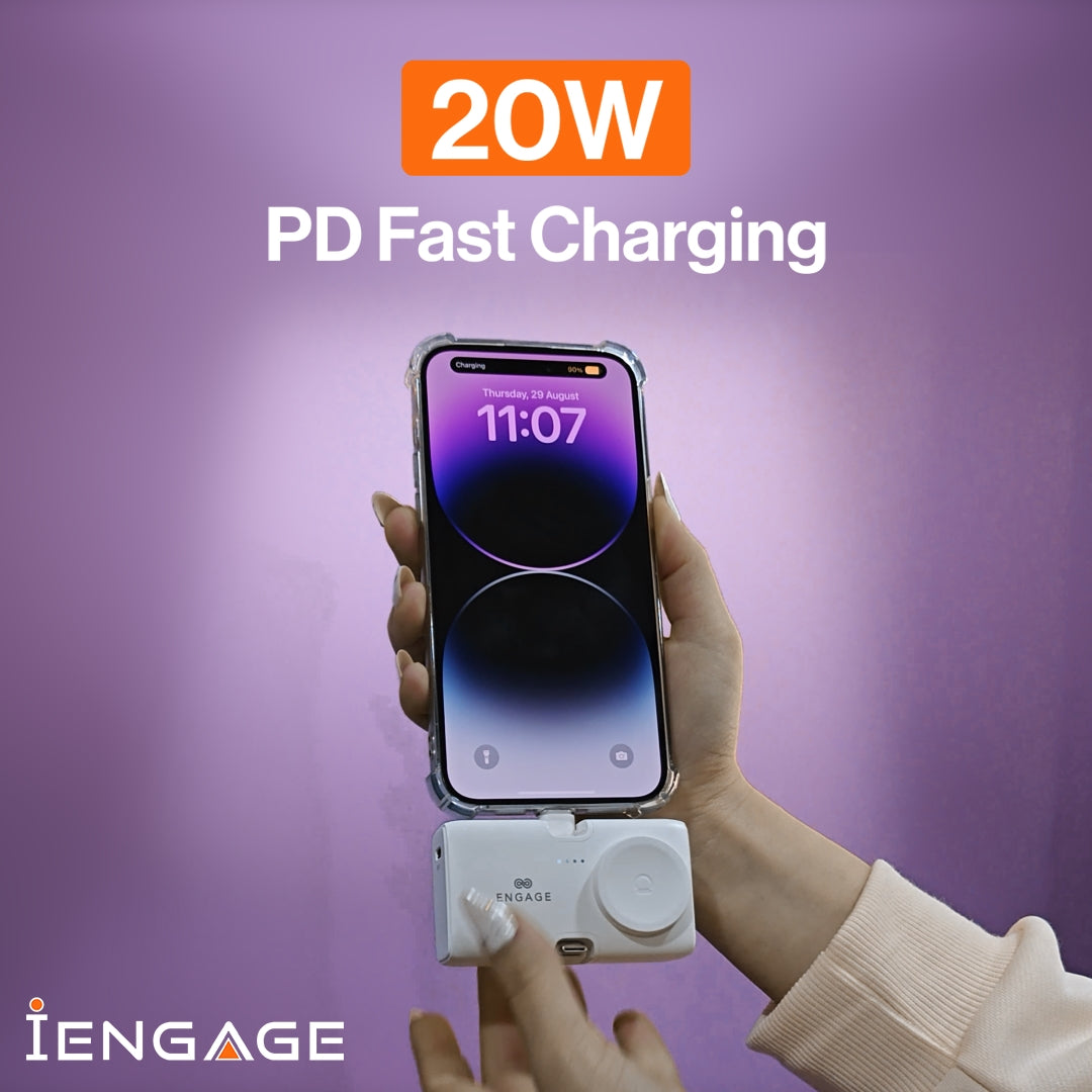 iEngage 5000mAh Powerbank Dual Port 20W Fast Charging Lightning & USB-C With Watch Charging (White)