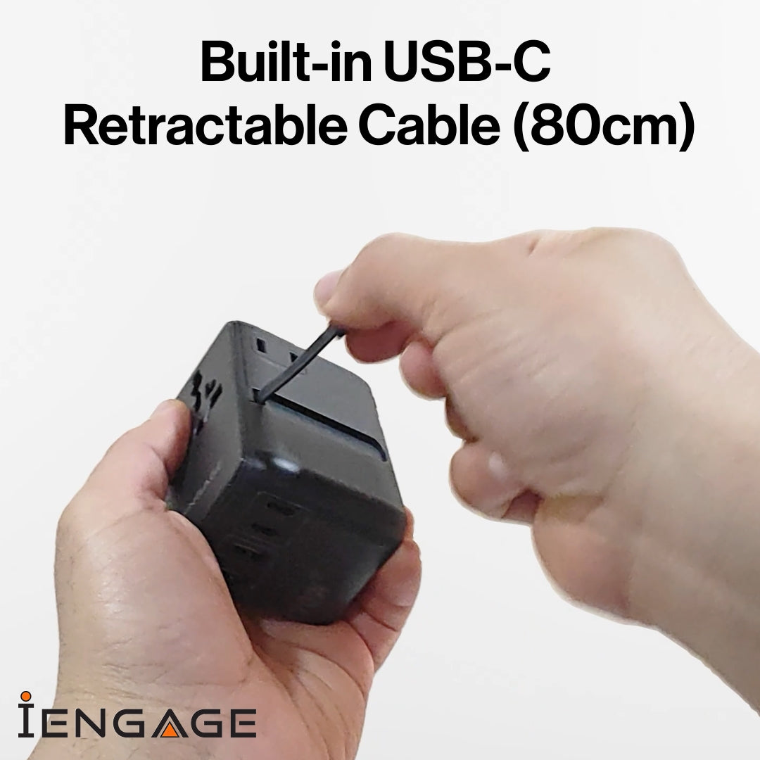 iEngage 70W Universal Travel Adapter 2X USB-C/A Ports with Retractable USB-C Cable