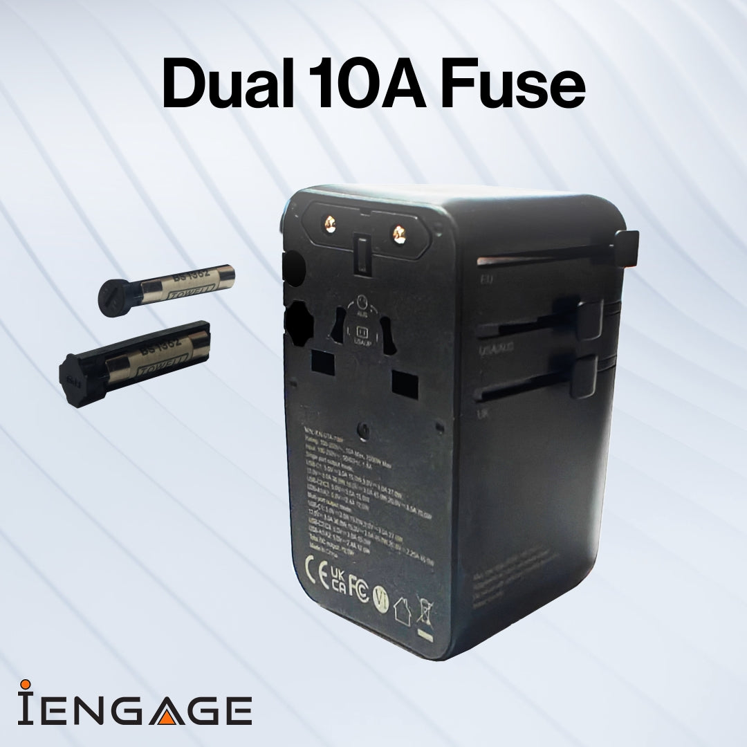 iEngage 70W Universal Travel Adapter 2X USB-C/A Ports with Retractable USB-C Cable