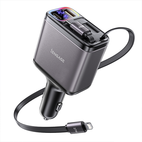 iEngage 120W 4In1 Car Charger With Retractable Cables (Usb-C/Lightning) & Usb Ports