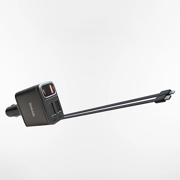 iEngage 120W 4In1 Car Charger With Retractable Cables (Usb-C/Lightning) & Usb Ports