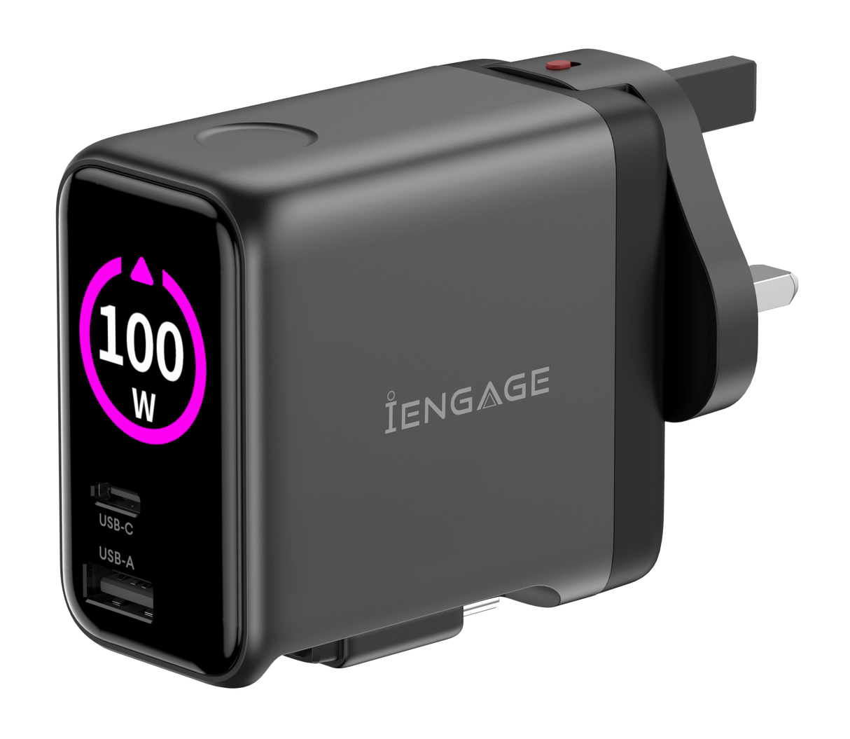 iEngage 100W AI PD Charger(USB-C+USB-C Cable+USB-A) W/Interchangeable UK/EU Plug