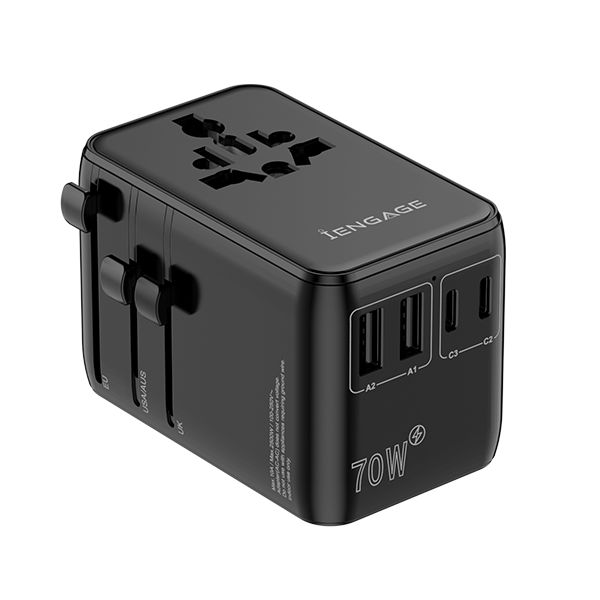 iEngage 70W Universal Travel Adapter 2X USB-C/A Ports with Retractable USB-C Cable