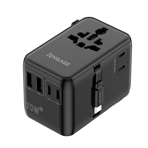iEngage 70W Universal Travel Adapter 2X USB-C/A Ports with Retractable USB-C Cable