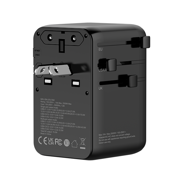 iEngage 70W Universal Travel Adapter 2X USB-C/A Ports with Retractable USB-C Cable