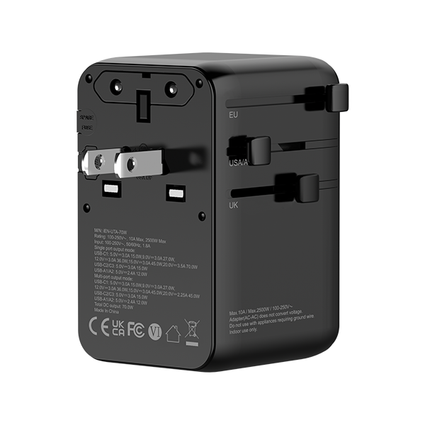 iEngage 70W Universal Travel Adapter 2X USB-C/A Ports with Retractable USB-C Cable