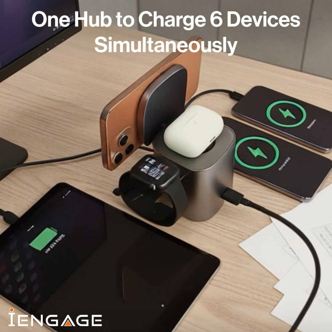 iEngage 6-In-1 Desktop Wireless Charger W/ Usb Ports And Retractalbecable(80W)
