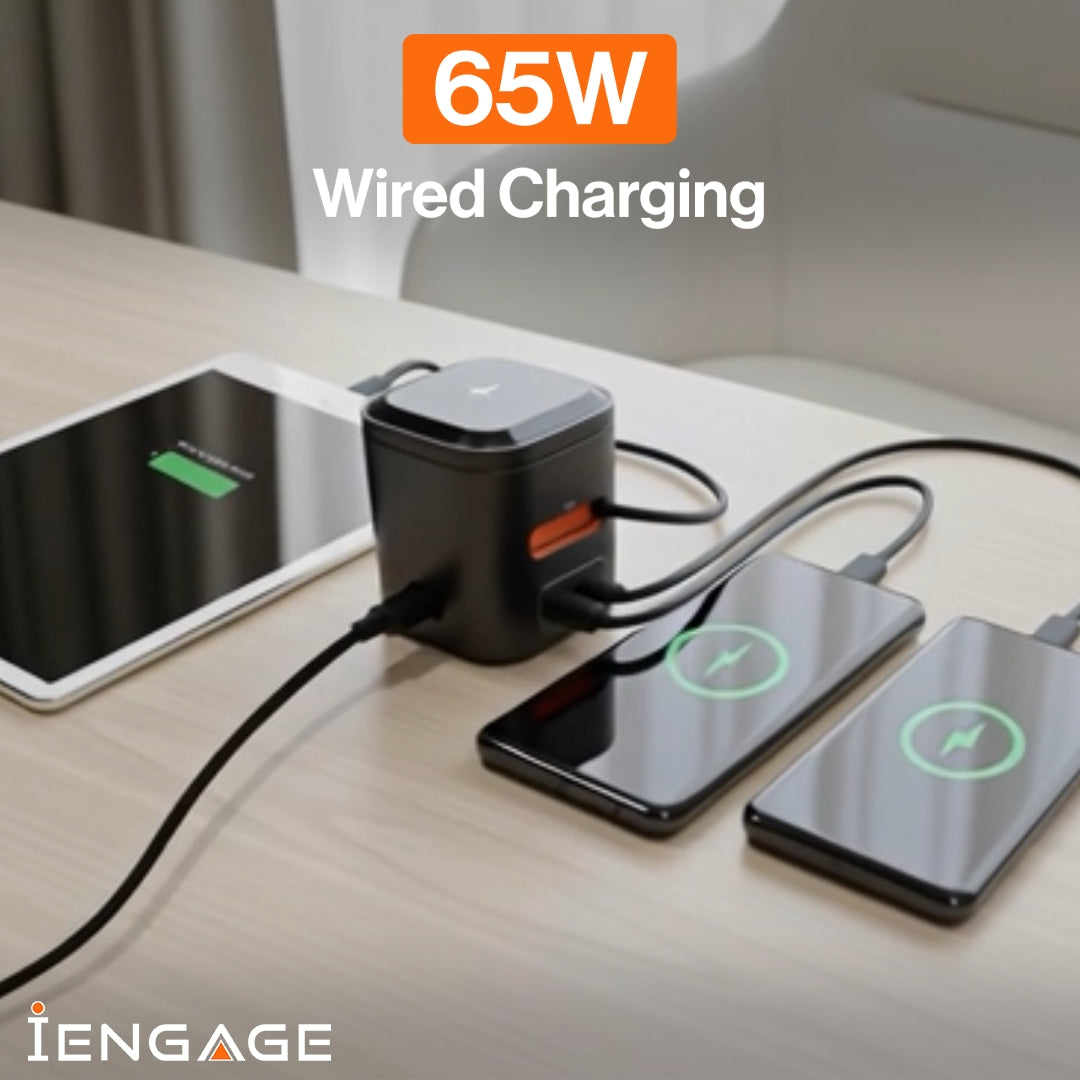 iEngage 6-In-1 Desktop Wireless Charger W/ USB Ports And Retractable cable(80W)