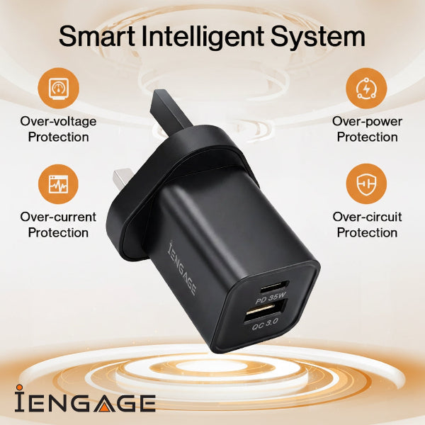 iEngage Dualport (USB-C +USB -A) 35W Power Adapter UK Plug - Black