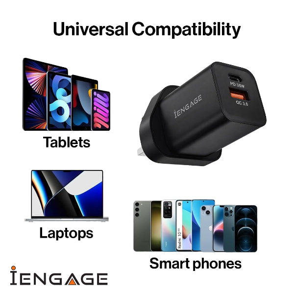 iEngage Dualport (USB-C +USB -A) 35W Power Adapter UK Plug - Black