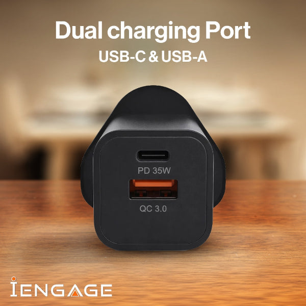 iEngage Dualport (USB-C +USB -A) 35W Power Adapter UK Plug - Black