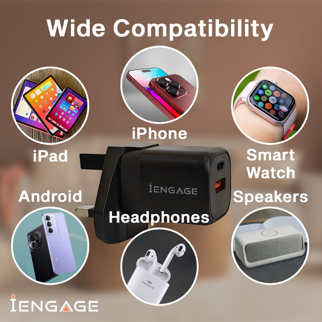 iEngage Dual Port C+A 20W Power Adapter With Interchangeable Eu/Uk Plug