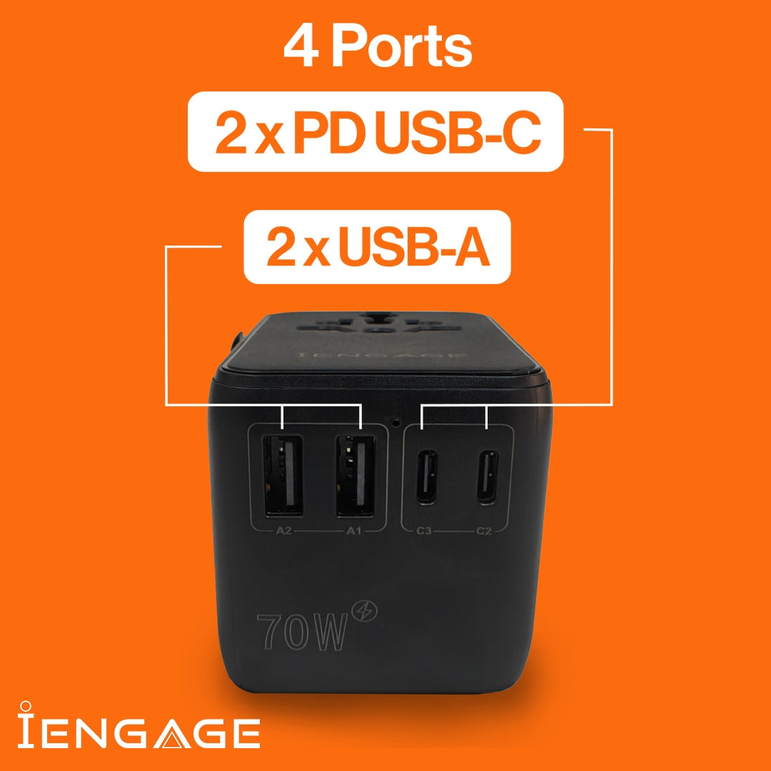 iEngage 70W Universal Travel Adapter 2X USB-C/A Ports with Retractable USB-C Cable