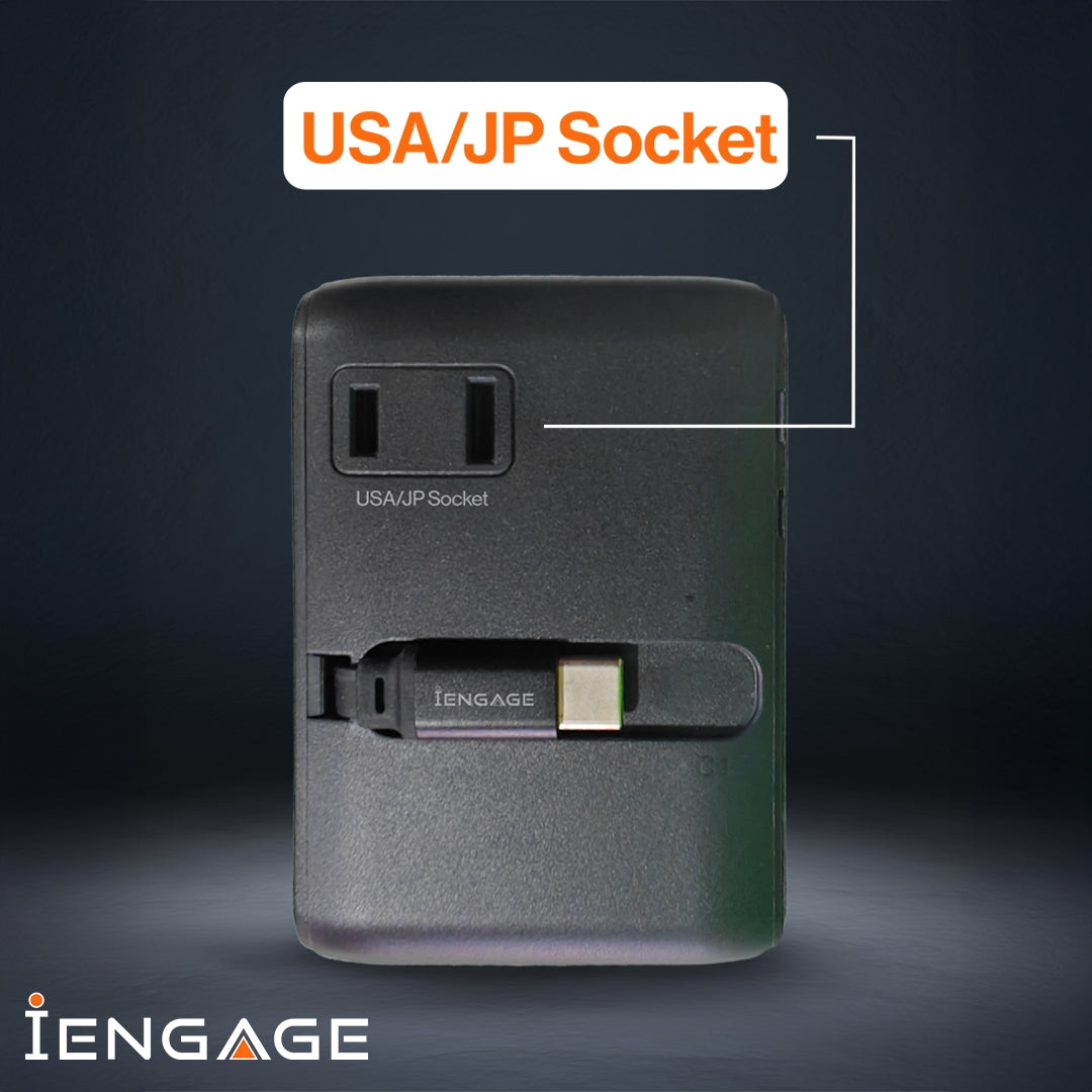 iEngage 70W Universal Travel Adapter 2X USB-C/A Ports with Retractable USB-C Cable