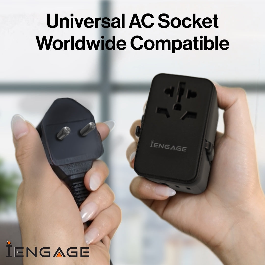iEngage 70W Universal Travel Adapter 2X USB-C/A Ports with Retractable USB-C Cable