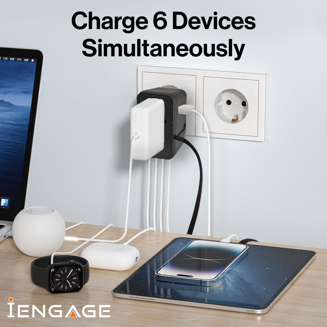 iEngage 70W Universal Travel Adapter 2X USB-C/A Ports with Retractable USB-C Cable