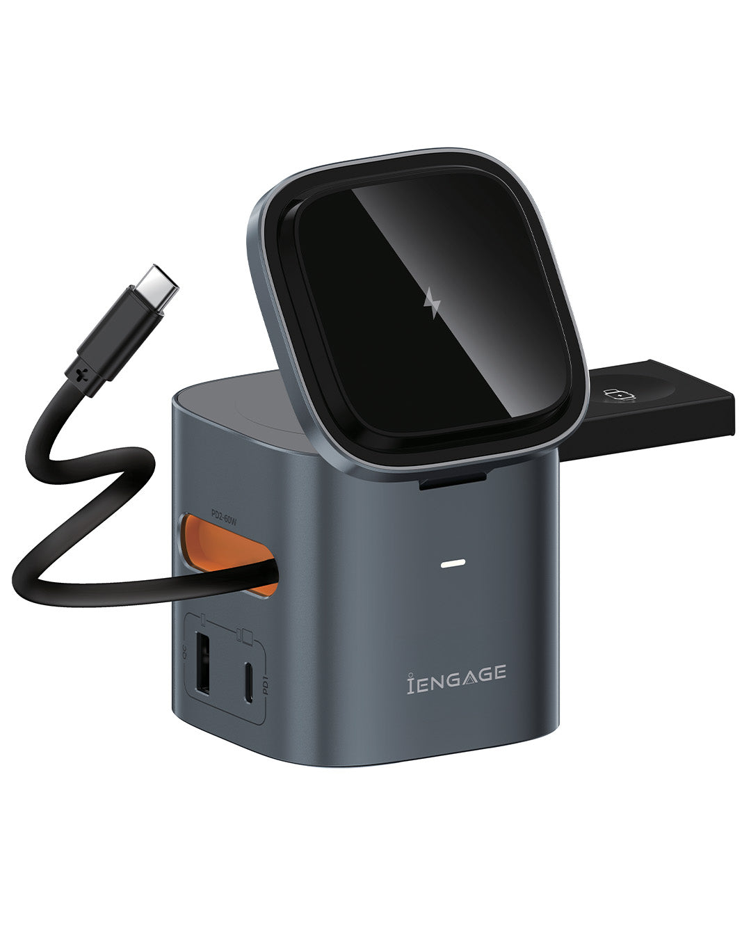 iEngage 6-In-1 Desktop Wireless Charger W/ Usb Ports And Retractalbecable(80W)