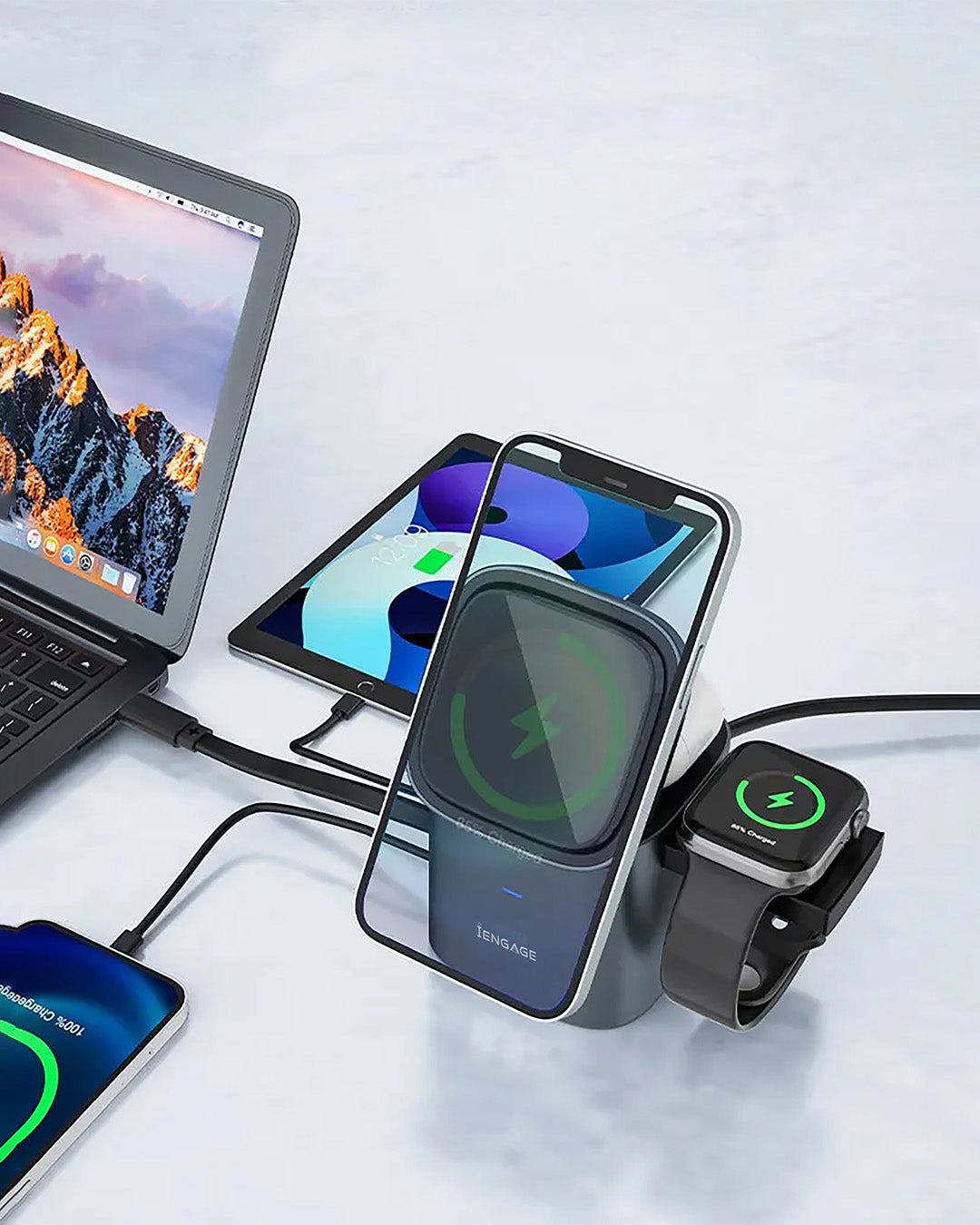 iEngage 6-In-1 Desktop Wireless Charger W/ Usb Ports And Retractalbecable(80W)