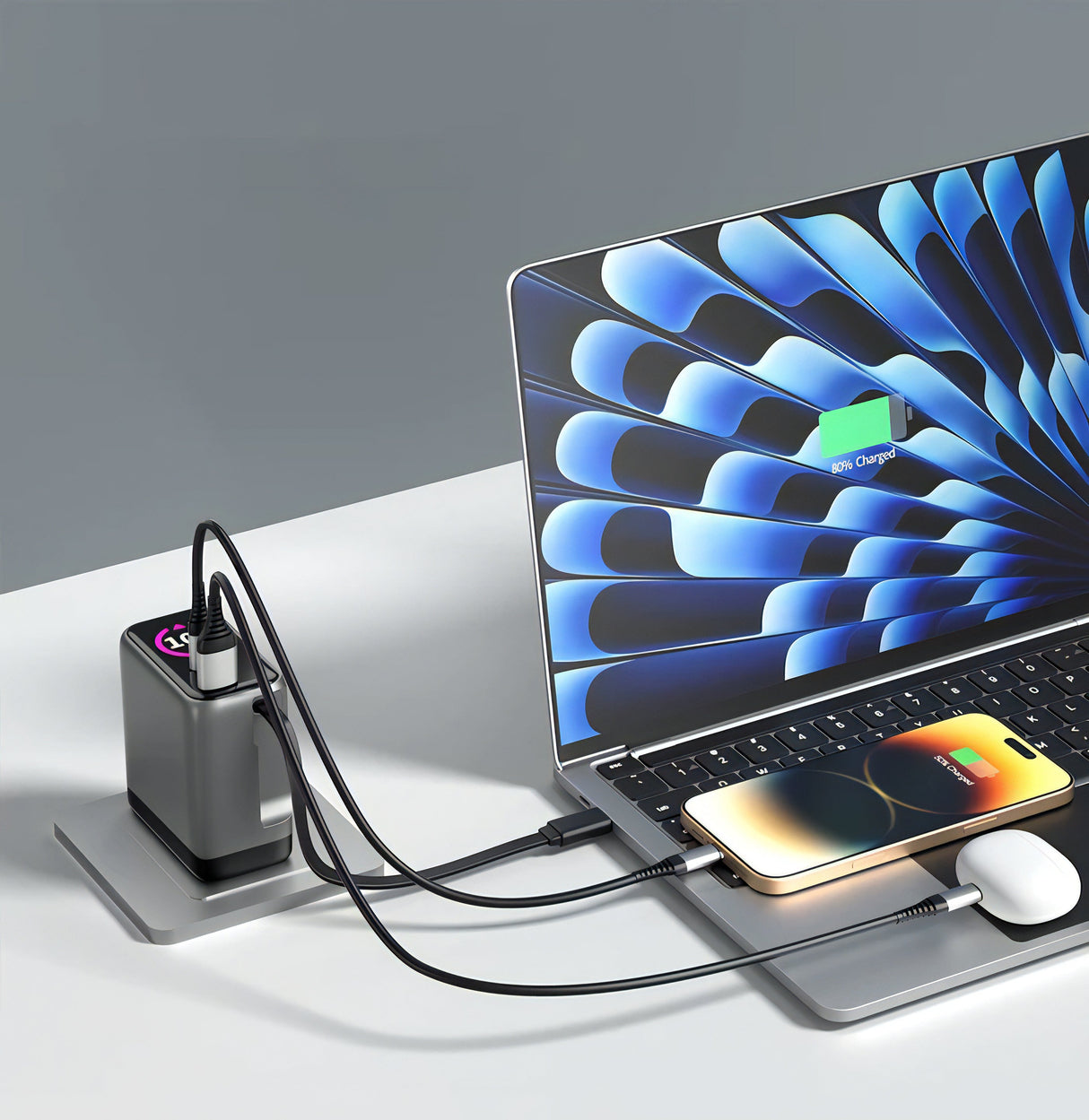 iEngage 100W AI PD Charger(USB-C+USB-C Cable+USB-A) W/Interchangeable UK/EU Plug