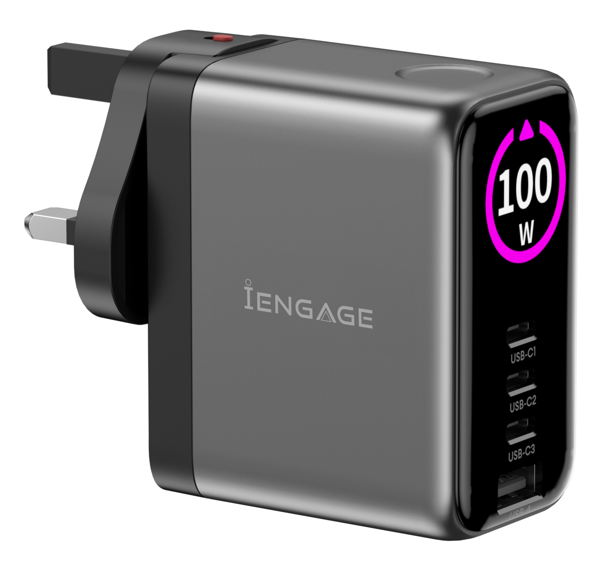 iEngage 100W Tft PD Charger (Triple USB-C + USB-A) W/ Interchangeable UK/EU Plug