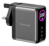 iEngage 100W Tft PD Charger (Triple USB-C + USB-A) W/ Interchangeable UK/EU Plug