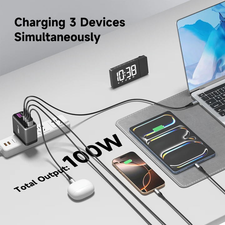 iEngage 100W Tft PD Charger (Triple USB-C + USB-A) W/ Interchangeable UK/EU Plug