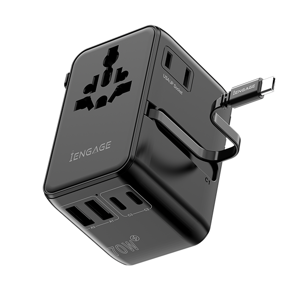 iEngage 70W Universal Travel Adapter 2X USB-C/A Ports with Retractable USB-C Cable