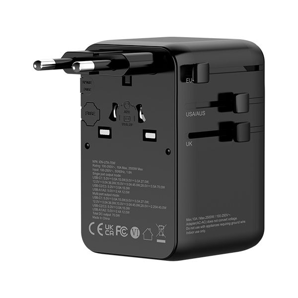 iEngage 70W Universal Travel Adapter 2X USB-C/A Ports with Retractable USB-C Cable